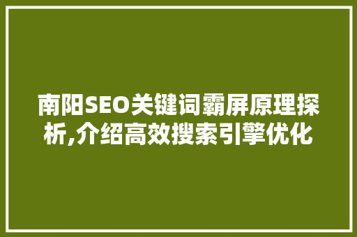 南阳SEO关键词霸屏原理探析,介绍高效搜索引擎优化步骤