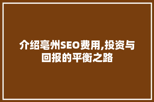 介绍亳州SEO费用,投资与回报的平衡之路