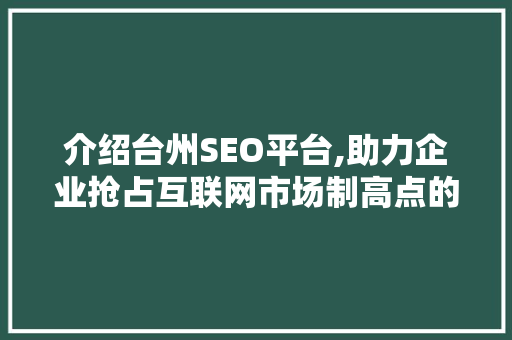 介绍台州SEO平台,助力企业抢占互联网市场制高点的秘密武器