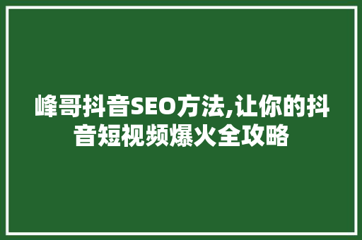 峰哥抖音SEO方法,让你的抖音短视频爆火全攻略