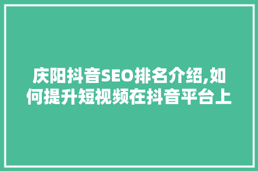 庆阳抖音SEO排名介绍,如何提升短视频在抖音平台上的影响力