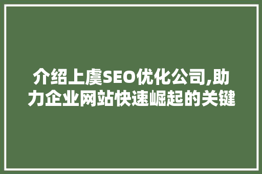 介绍上虞SEO优化公司,助力企业网站快速崛起的关键步骤