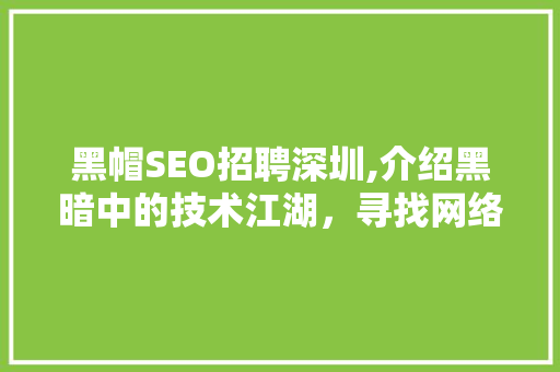 黑帽SEO招聘深圳,介绍黑暗中的技术江湖，寻找网络营销的“暗影刺客”