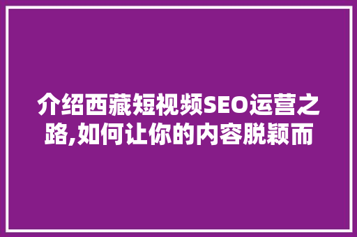 介绍西藏短视频SEO运营之路,如何让你的内容脱颖而出
