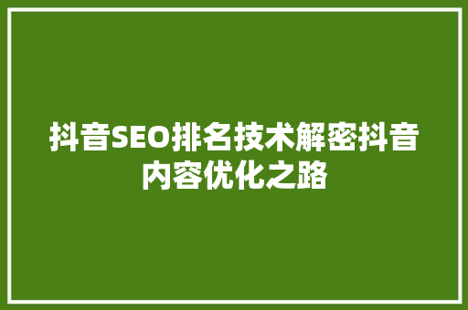 抖音SEO排名技术解密抖音内容优化之路