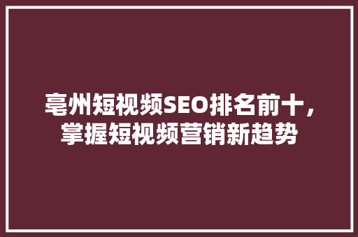 亳州短视频SEO排名前十，掌握短视频营销新趋势