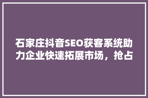 石家庄抖音SEO获客系统助力企业快速拓展市场，抢占流量红利
